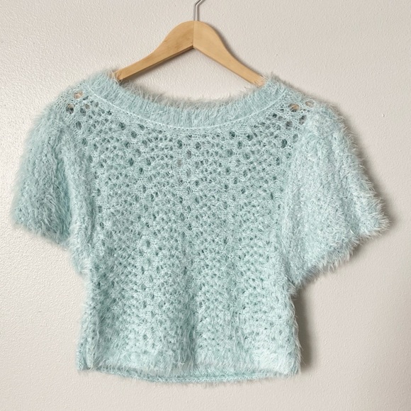 Free People Sweet Deets Pullover Short Sleeve Sweater Salt Air Combo Medium NWT - Picture 5 of 10